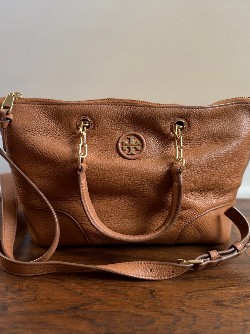 Tory Burch Brown Pebbled Leather Shoulder Tote with Gold Hardware